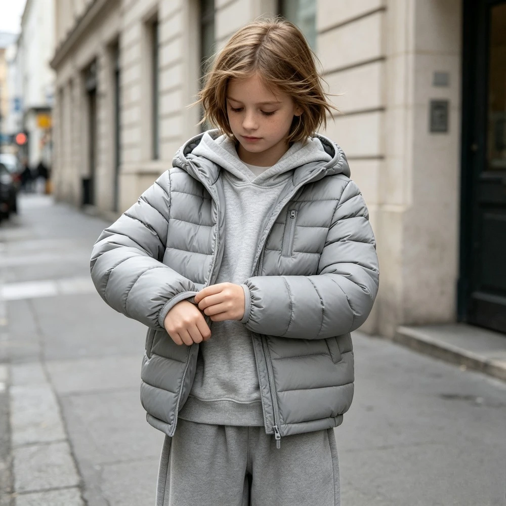 Kids Hooded Windbreaker Jacket Quilted Padded Coat Zipper Pocket Boys Girls Warm Outwear School Commute Outdoor Autumn Winter