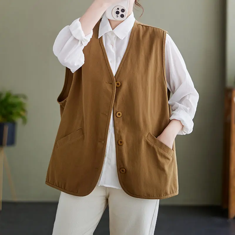 

Large Size Women's Vest Jacket Literary Artistic V Neck 2023 Spring New Loose Casual Versatile Waistcoat Sleeveless Coat Z311