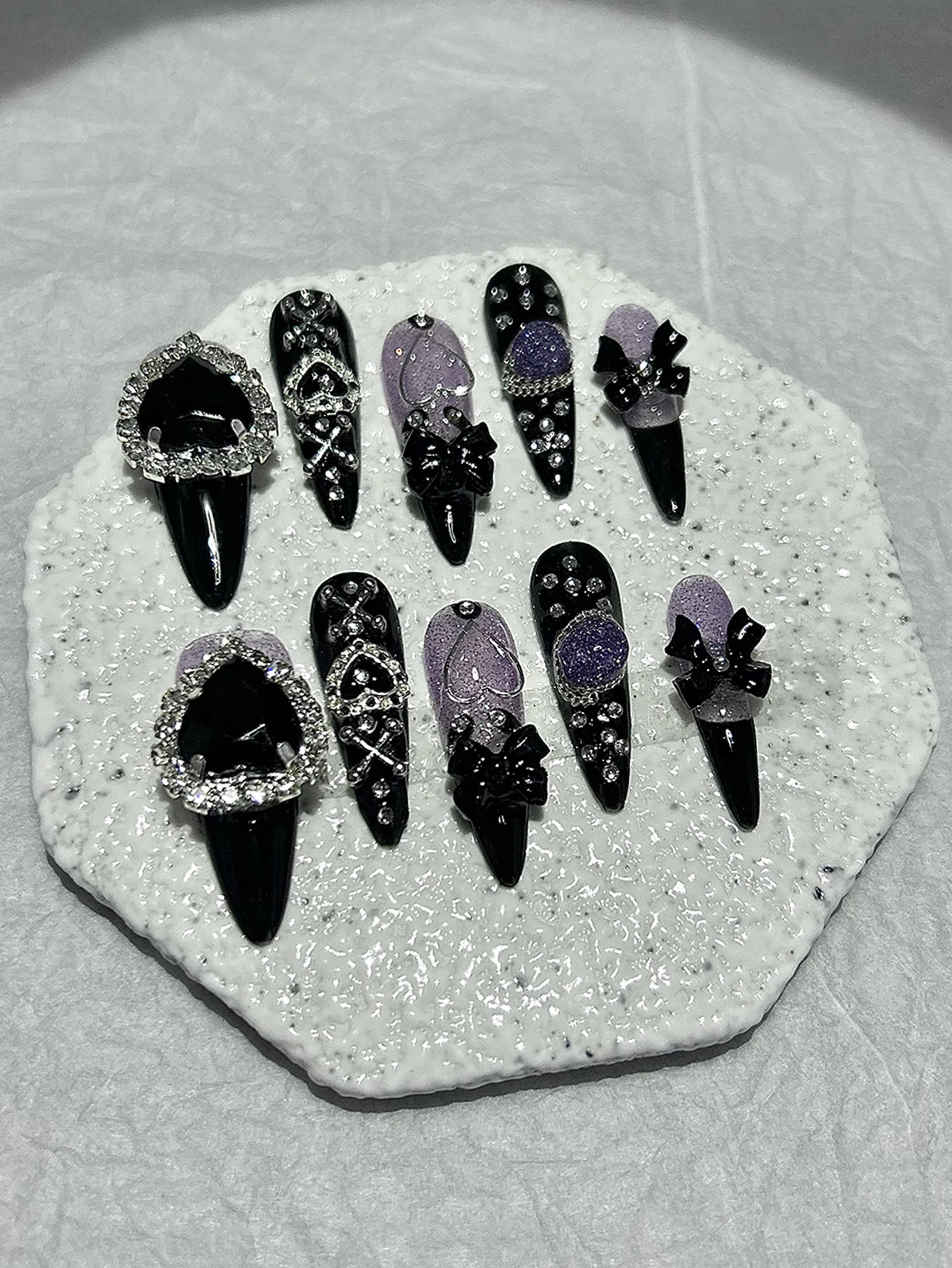 10 Pieces Black Purple Y2k Spice Girls Handmade Press On Nails Luxury Bow Heart Diamonds Fake Nails Removable Reusable
