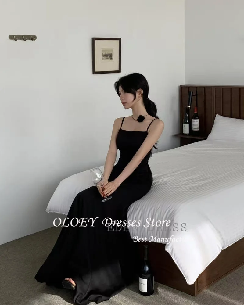 OLOEY สีดำเกาหลีชุดราตรีโบเลโรถ่ายภาพงานแต่งงานความยาวชั้นชุดปาร์ตี้สายสปาเก็ตตี้แบบกำหนดเอง