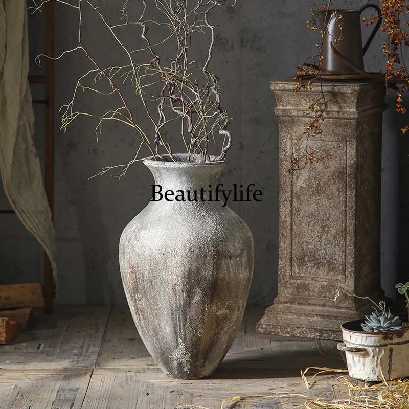 White retro vase, antique Zen floor-to-ceiling large vase, high-end dried flower utensils, homestay ornaments