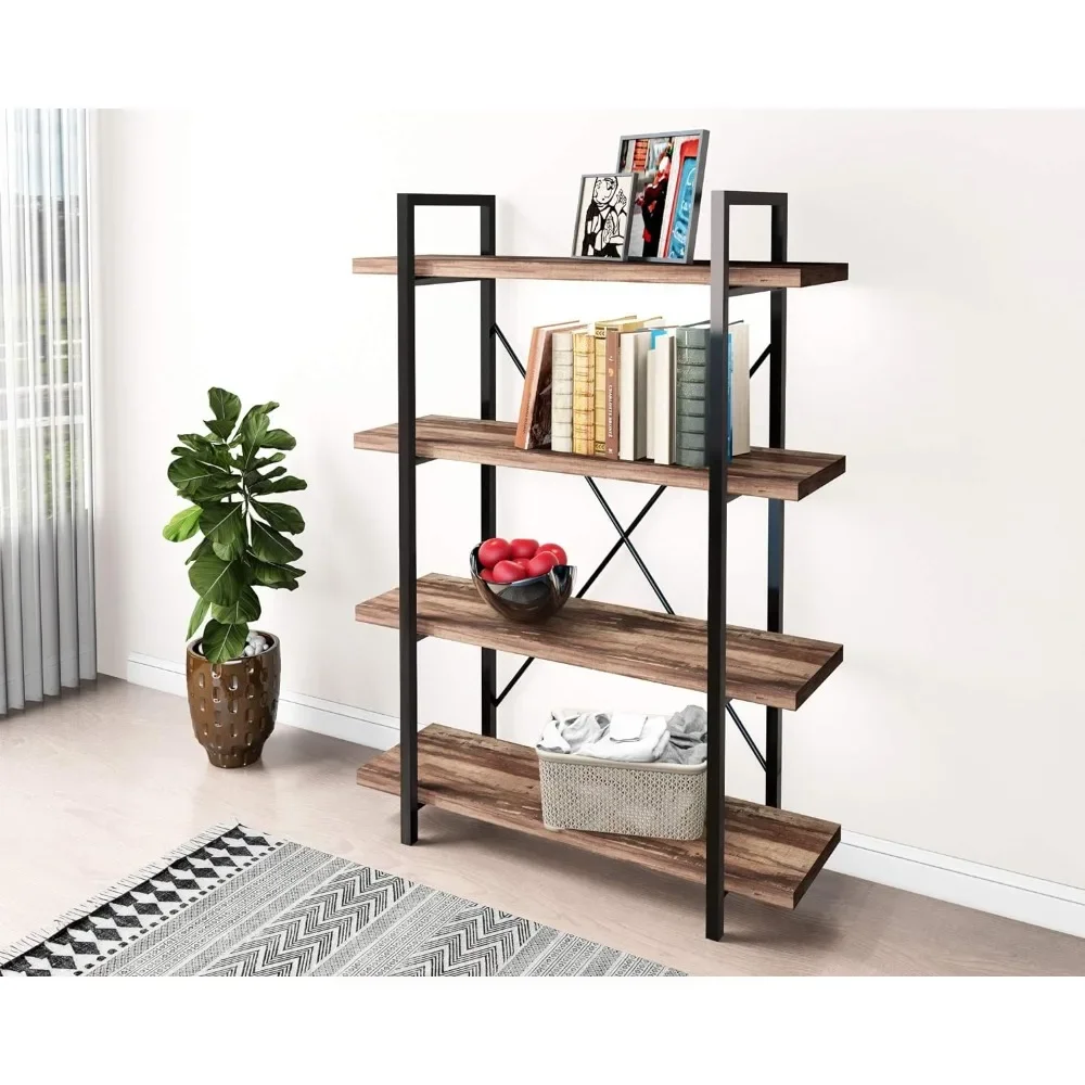 

4-Tier Vintage Industrial Style Bookcase/Metal and Wood Bookshelf Furniture for Collection,Vintage Brown, 3/4/5 Tier (4-Tier)