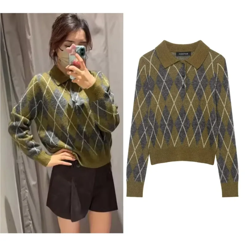 Women's Diamond Knitted Polo Shirts Winter European And American Style Long Sleeves Pullover Female Elegant Tops