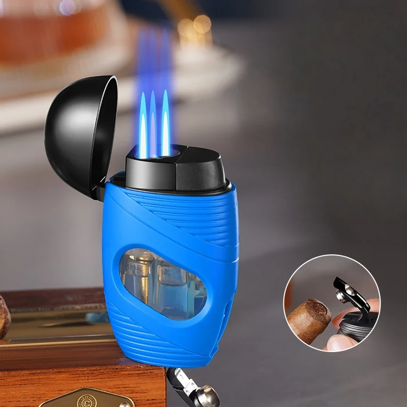

Mini Strong Windproof Inflatable Igniter Three Wheel Blue Direct Jet Flame Torch Lighter Kitchen Gas Stove Cigar Punching Tool