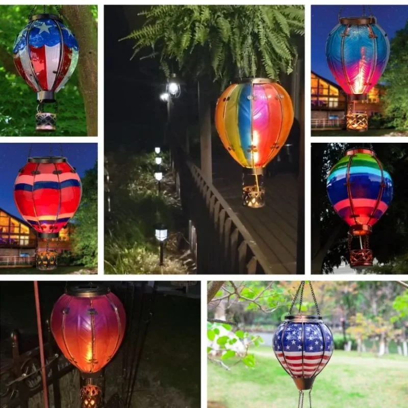 

Hot Air Balloon Lantern Outdoor Coloured Metal Lights Solar Hot Air Balloon With Simulated Flame Effect Garden Decoration