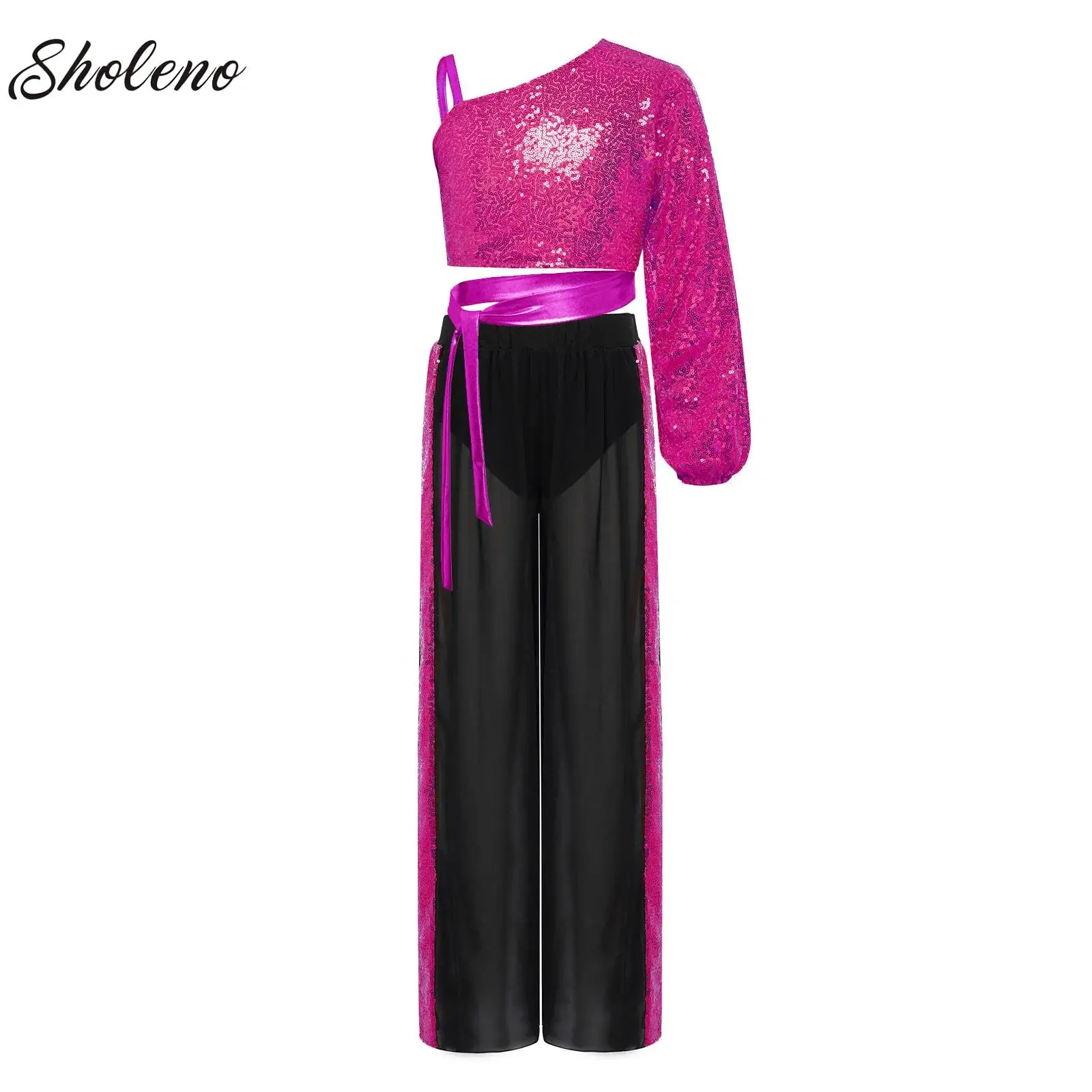 

Kids Girls Lyrical Contemporary Dance Costume Set Sequins Modern Ballet Jazz Crop Top with Chiffon Wide-Leg Pants Stage Outfits