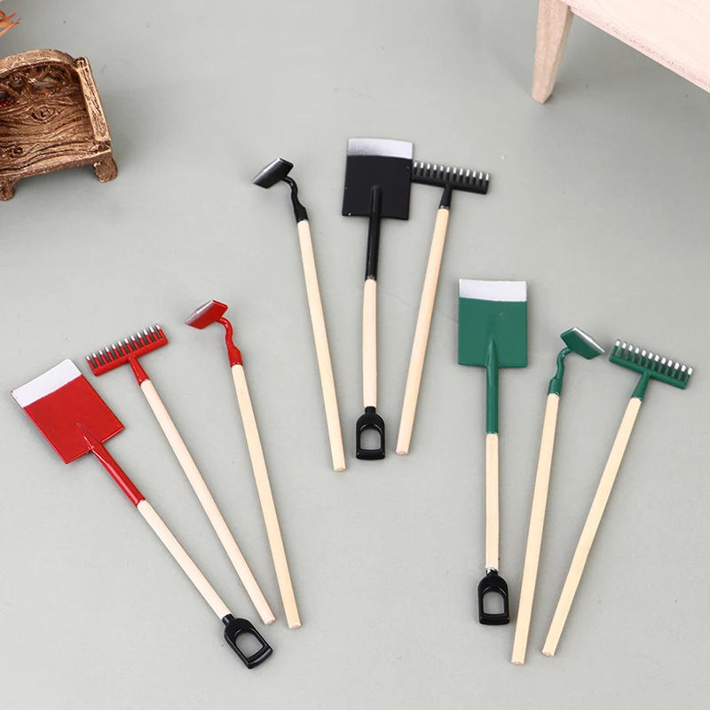 3Pcs 1:12 Dollhouse Miniatures Gardening Shovel Rake Hoes Farm Tool Doll Decor