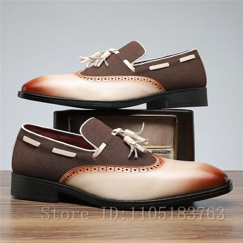 Vintage Patchwork Men Tassel Loafers, Suede Leather Brogue Perforated Banquet Wedding Formal Slip On Fashion Dress Shoes