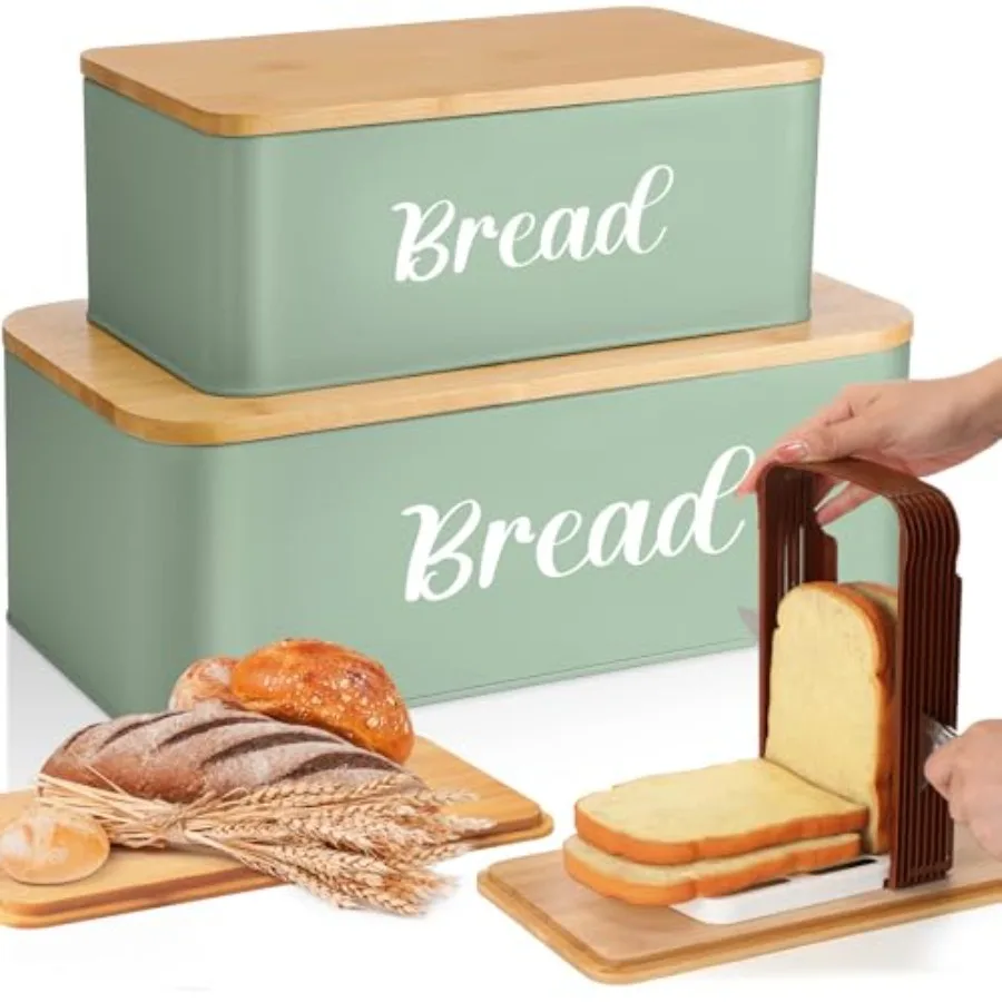 

2 Pcs Extra Large Bread Box with Slicer, Metal Farmhouse Bread Storage Container with Bamboo Cutting Board Lids Multi-size Brea