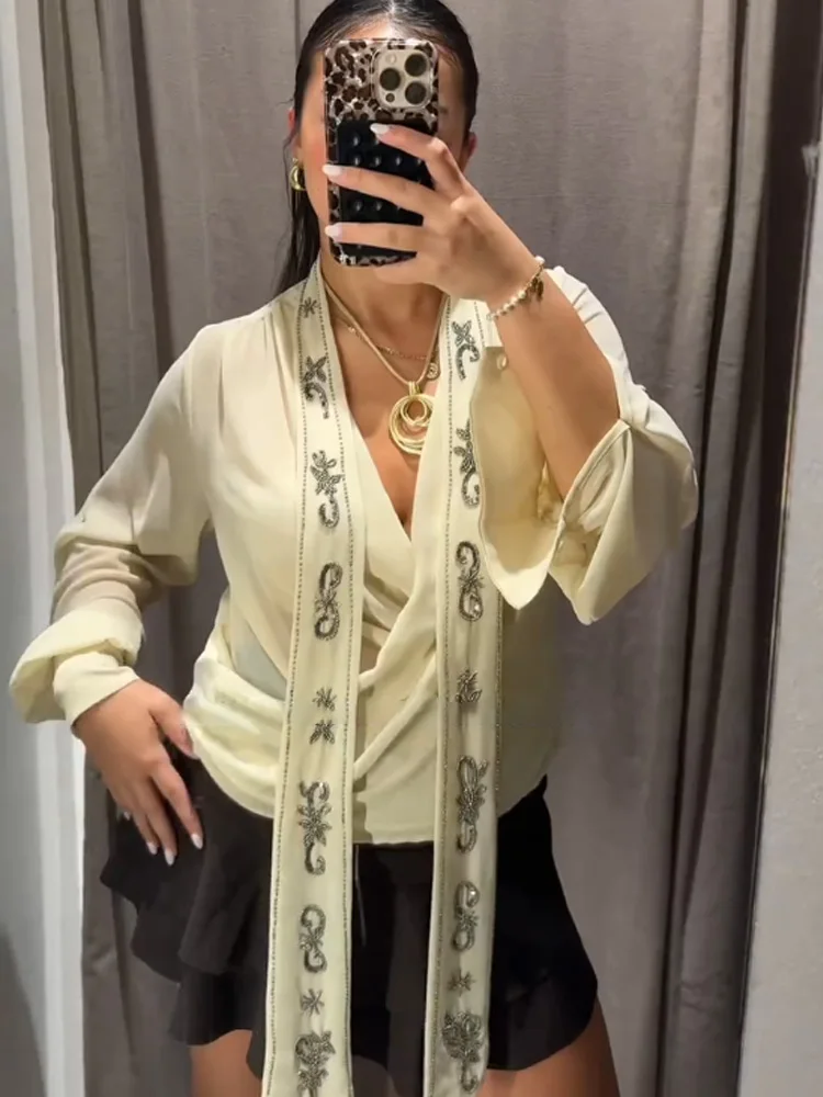 

HH Woman Summer Fashion Elegant Long Sleeves Deep V Neck Georgette Fabric Beads Scarf Decoration Sexy Shirt Female Sweet Tops