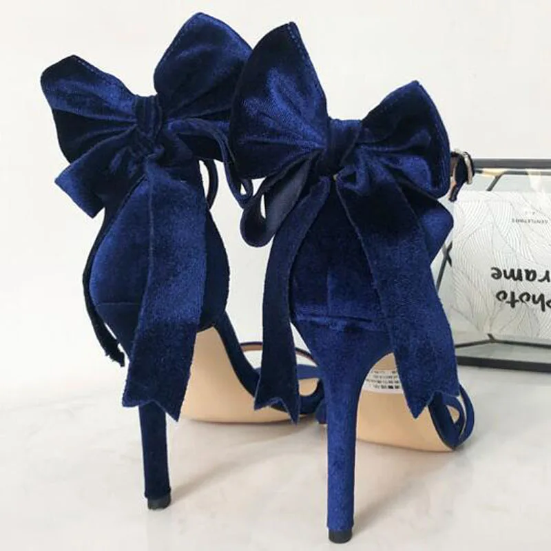 

Woman Sexy Bowtie Back High Heel Velvet Sandals Open Toe Women Summer Butterfly Knot One Strap Thin Heels Bridal Shoes