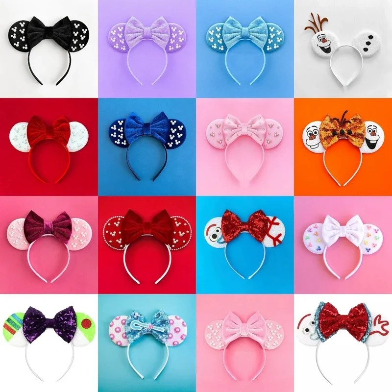 Disney Pearl Mickey Mouse Ears Headbands For Girls Kids Women Sequins Bows Hair Accessories Child Party Headwear Kids Hairbands