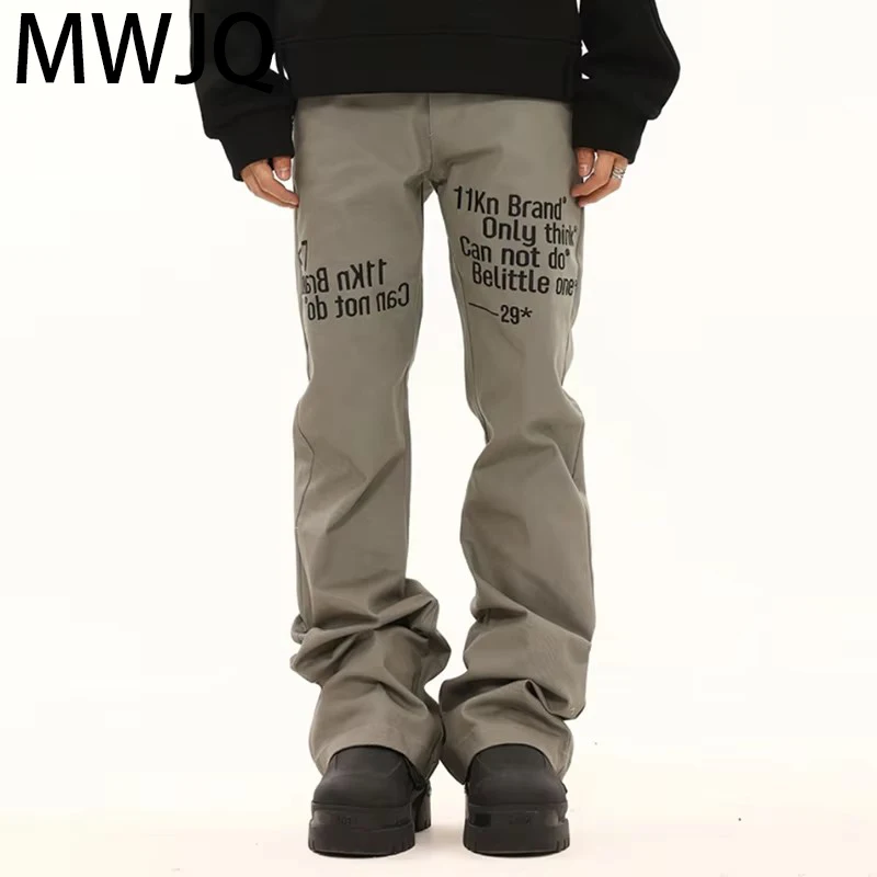 MWJQ American Vintage Embroidery Casual Pants Male High Street Pile Niche Design Boot Cut Trousers 2025 Spring New 010061