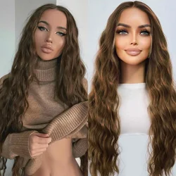 13X4 Brown Curly Wig Synthetic Hair Chocolate Brown Lace Front Wig Long Brunette Colored Hair Lace Frontal Wigs for Women Party