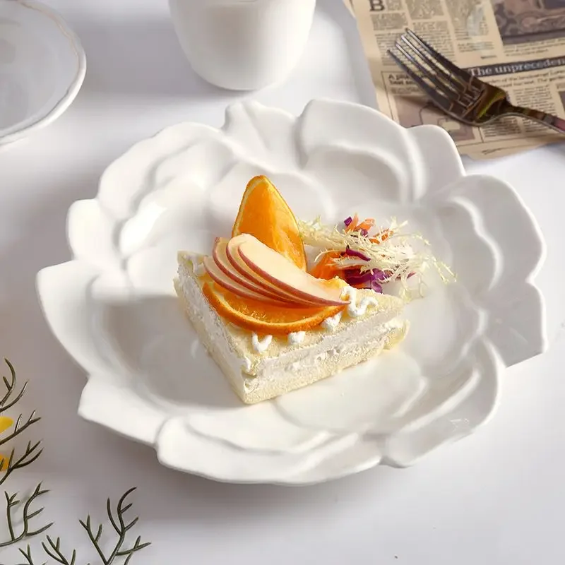

New Food Display Chinese Style Ceramic Plate Solid Color Household Plate Lotus Flower Lace Cake Exquisite Bread Dessert Plate