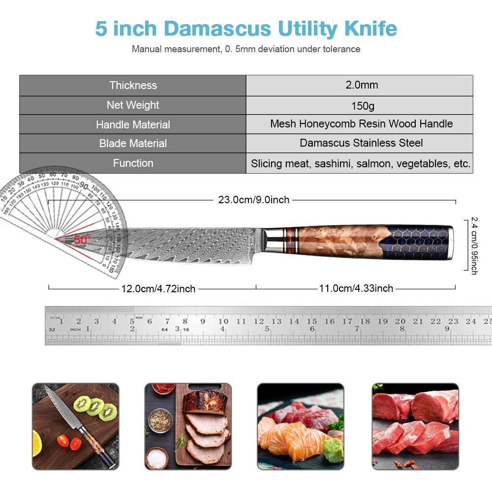 Coltello multiuso Damasco Coltello da cucina affilato da 5 pollici Coltello da bistecca per sbucciare frutta in acciaio Damasco VG10 Coltello affilato per pomodoro vegetale
