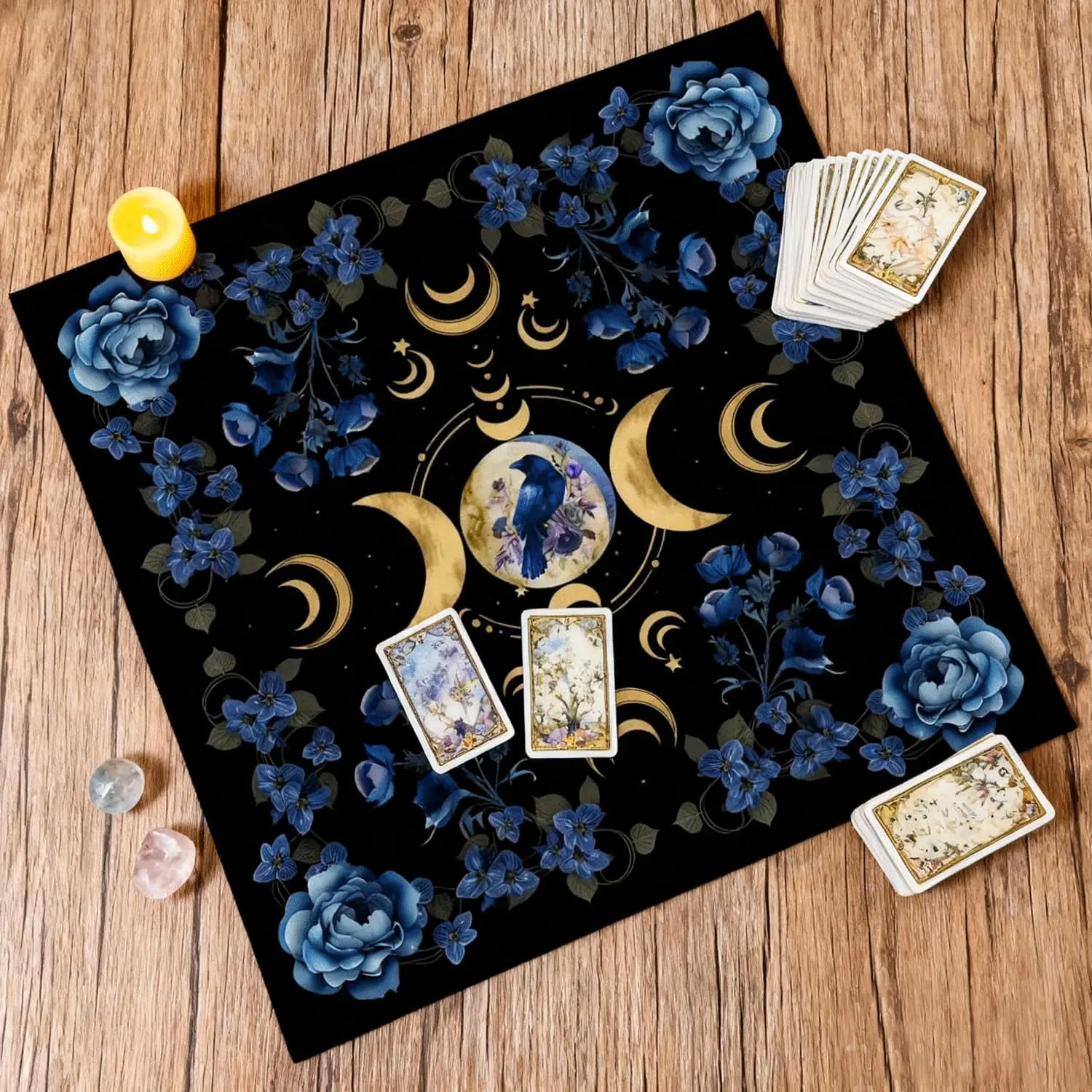 Blue Raven Triple Moon Tarot Tapestry, Blue Floral Rose Witchy Wall Hanging Mystic Phase Moon Altar Cloth, Spiritual Occult Hom