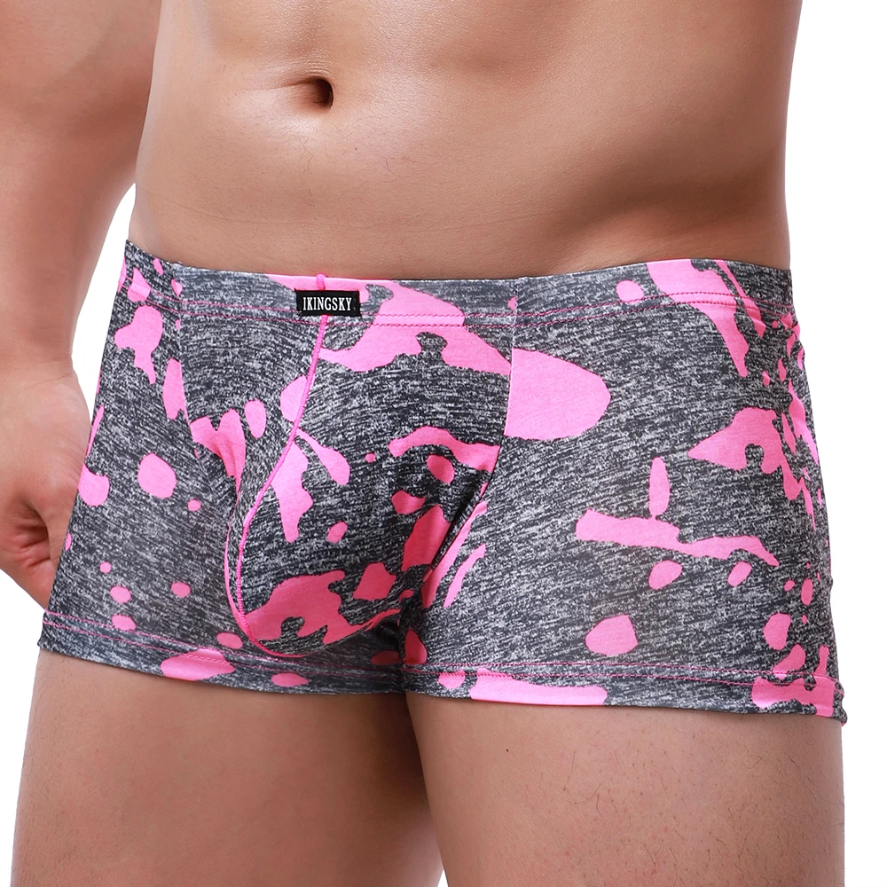 Men\'s Big Pouch Boxer Briefs Sexy Printed Trunk Underwear Low Rise Bulge Under Panties