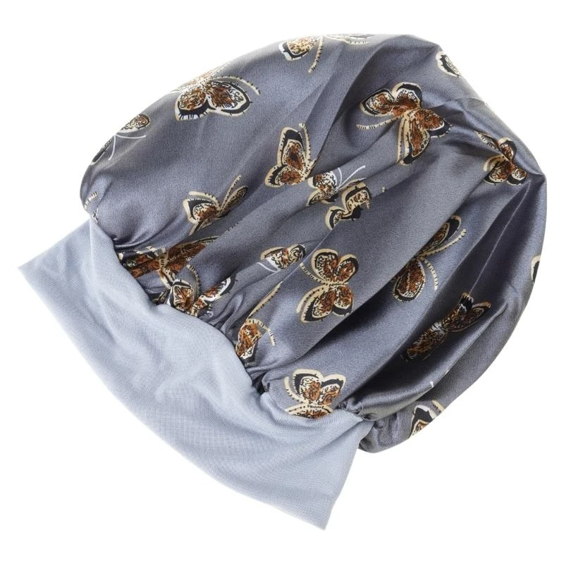 Butterfly Print Satin Sleeping Cap Wide Brim Nightcap Hair Care Turban Chemo Hat for Washing Face Skin-caring Make-up