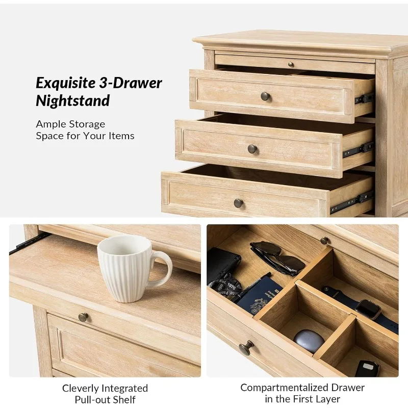 منضدة مزرعة 3 أدراج مع صينية، منظم أدراج بأرجل خشبية صلبة، منضدة مع محطة شحن (Nat)