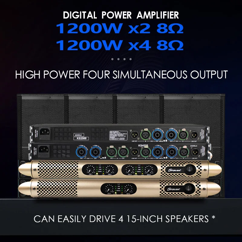 FUHAM KS2500 デジタルパワーアンプ ゴールドエディション 1200W 8Ω 2/4チャンネル DJサブウーファーアンプ ラインアレイスピーカーアンプ