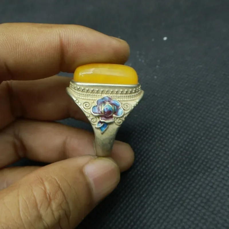 Vintage White Copper Silver Plated Cloisonne Ring, Inlaid Chicken Oil Yellow Amber, Adjustable Open Unisex Handmade Jewelry