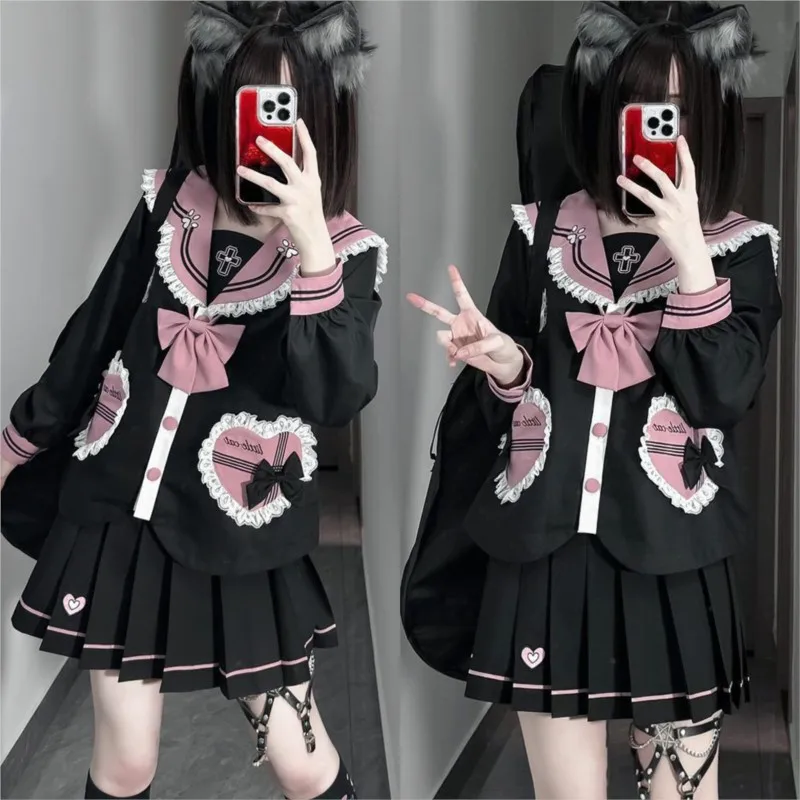 Trajes de marinero Jk con estampado de gato para mujer, uniformes escolares japoneses Harajuku para niñas, nuevo conjunto de Falda plisada, disfraces Kawaii Fuku Cos de Anime