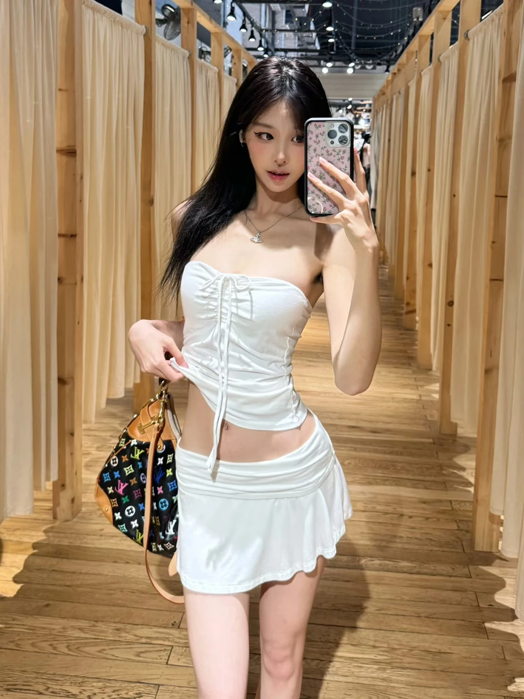 

Beach Chic Two-Piece Set Drawstring Crop Top Vest Low Waist Hip Covering Skirt Draping Skirt Short Sleeve round Neck