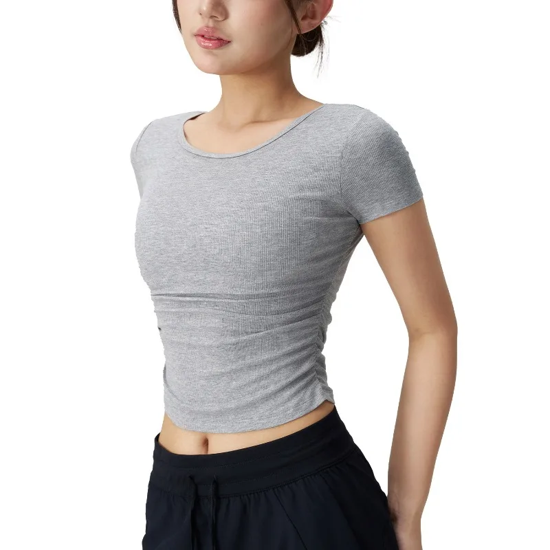 Camicetta attillata estiva Tuta da yoga Spalla frontale Vita Manica corta T-shirt sportiva da donna Tuta da fitness da corsa
