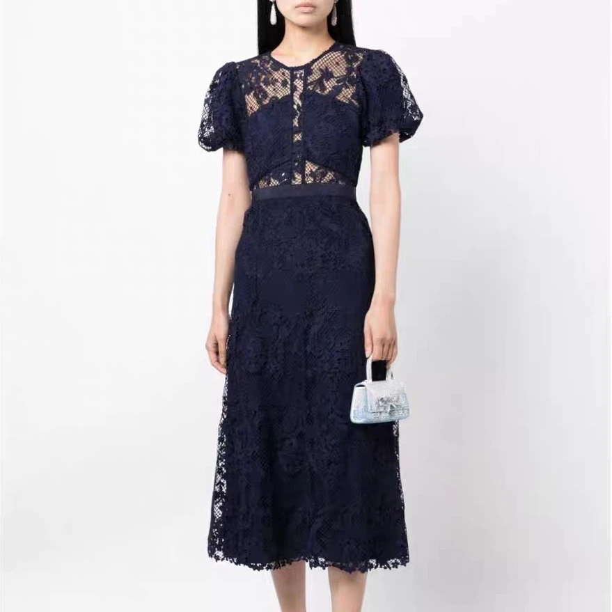 Women lace embroidery midi dress Puff Sleeve Navy Blue Hollow Out long Dress