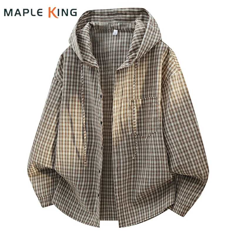 Plaid Hooded Designer Shirts for Men Loose Streetwear 2026 Vintage Roupa Country Masculino Man Casual Long Sleeve Work Shirt