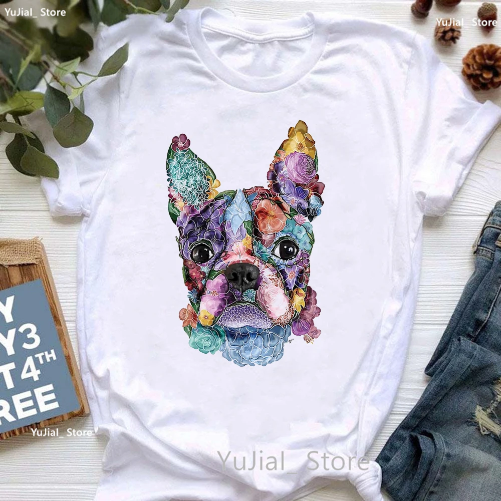 Boston Terrier Sugar Skull Animal Print T Shirt Girls Watercolor Dog Lover Tshirt Women Summer Fashion Tops Tee Shirt Femme