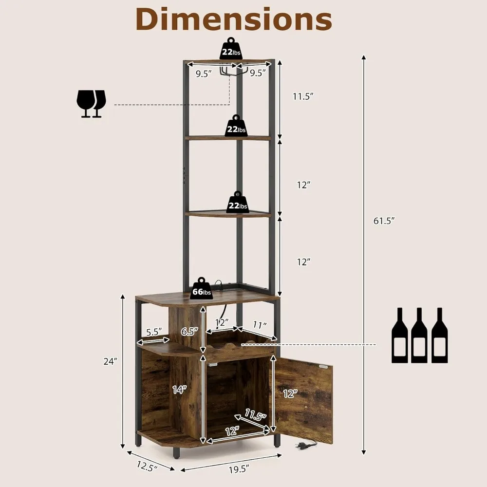 6-Tier Corner Bar Cabinet with LED Lights, Power Outlet, Wine Rack, Glass Holder, Rustic Brown
