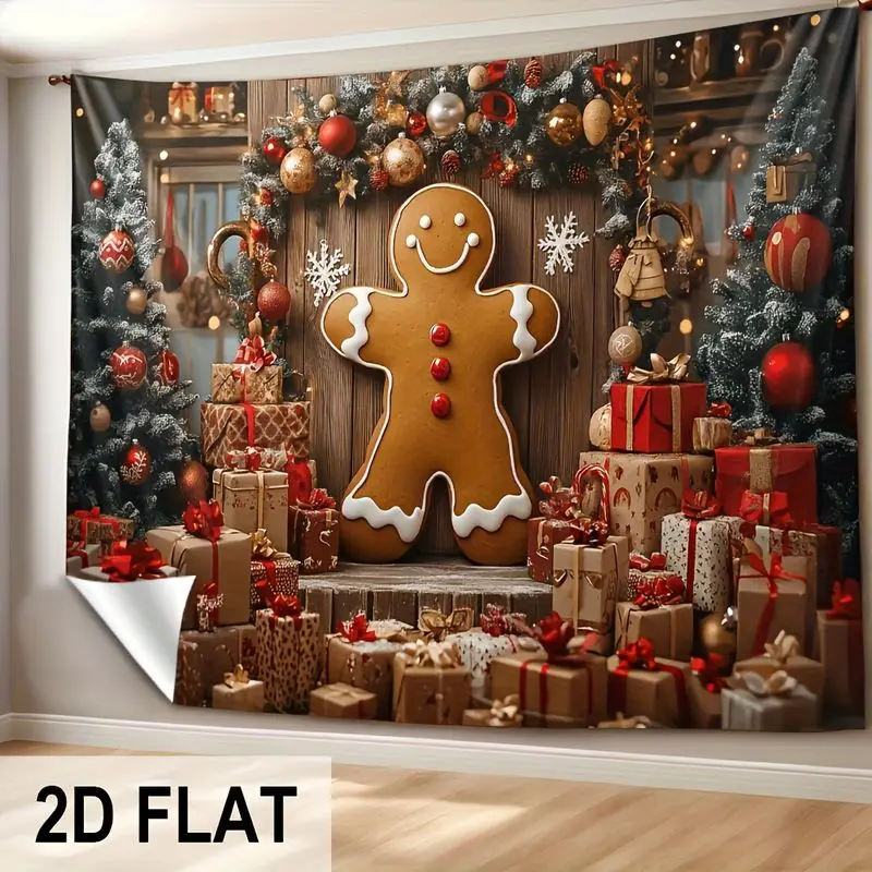 VIKAMA Christmas Gingerbread Man Tapestry, Christmas Gift Box Holiday Decorative Hanging Cloth, Party and Home Backdrop Decor