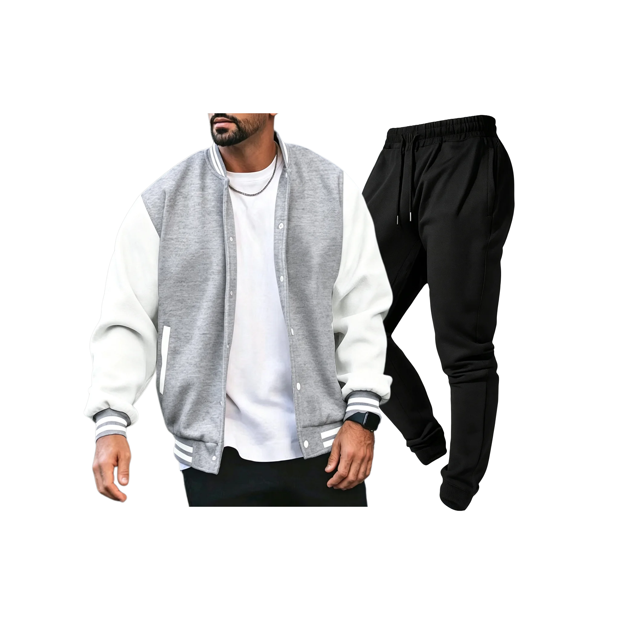 Men's autumn and winter sports suit in multiple colors solid color set sports jacket jogging pants set button up baseball suit