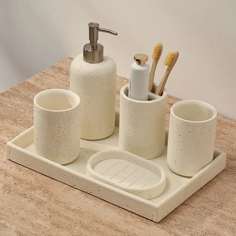 1pc Natural Stone Bathroom Storage Set, Toothbrush Cup Tray, Mouthwash Kit, Soap Dish, Press Bottle, Bathroom Accessories