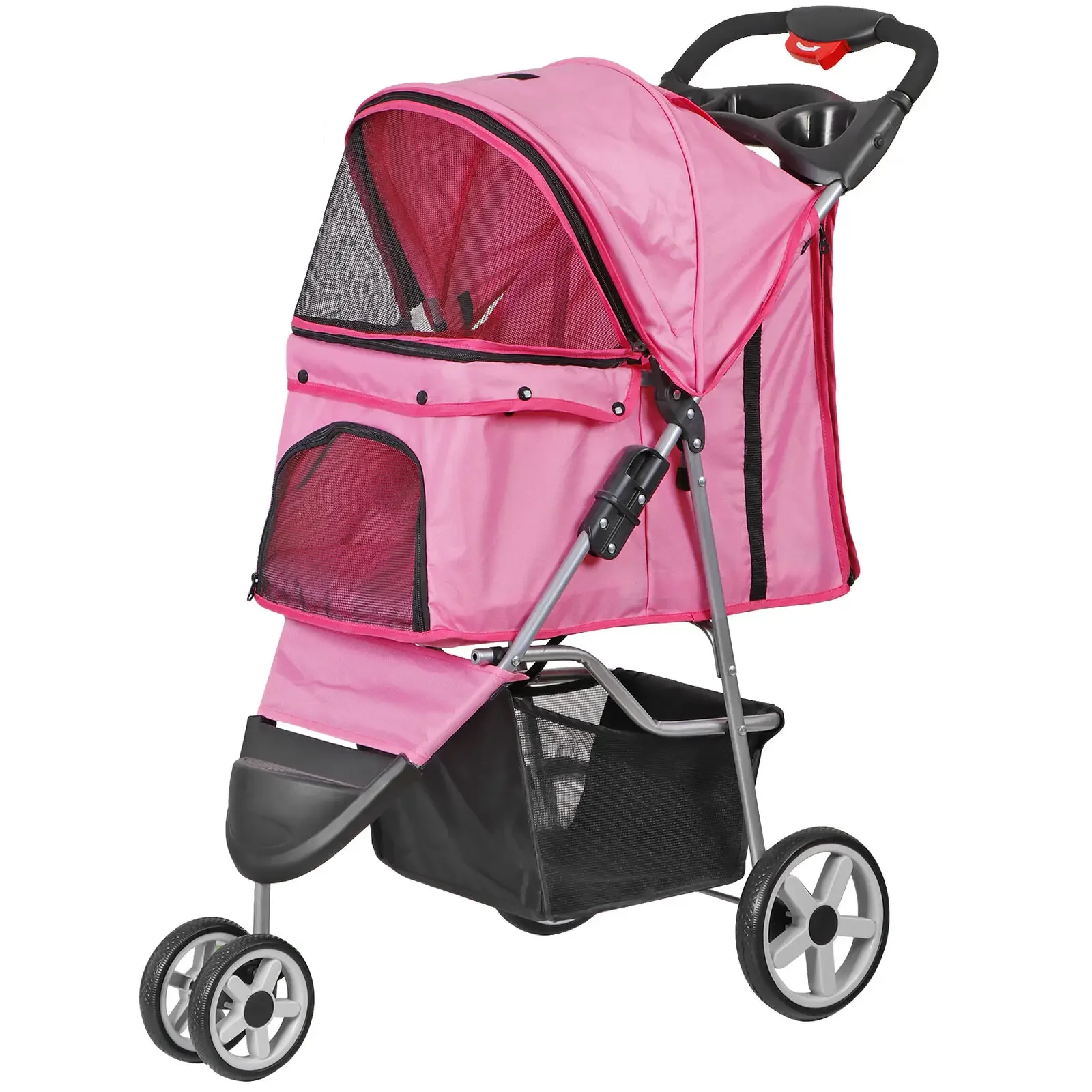 

Pet Stroller Foldable 3 Wheels Dog Stroller Carrier Cart with Cup Holder Pink