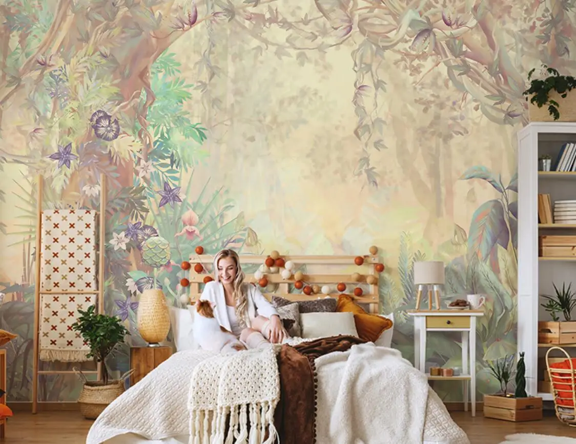 Custom wallpaper murals hand painted tropical jungle flowers and birds wallpaper living room TV background papel de parede