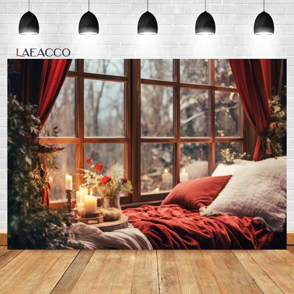 Laeacco Christmas Window Backdrop Winter Snow Scene Xmas Tree Red Curtain Gifts Kids Birthday Portrait Photography Background