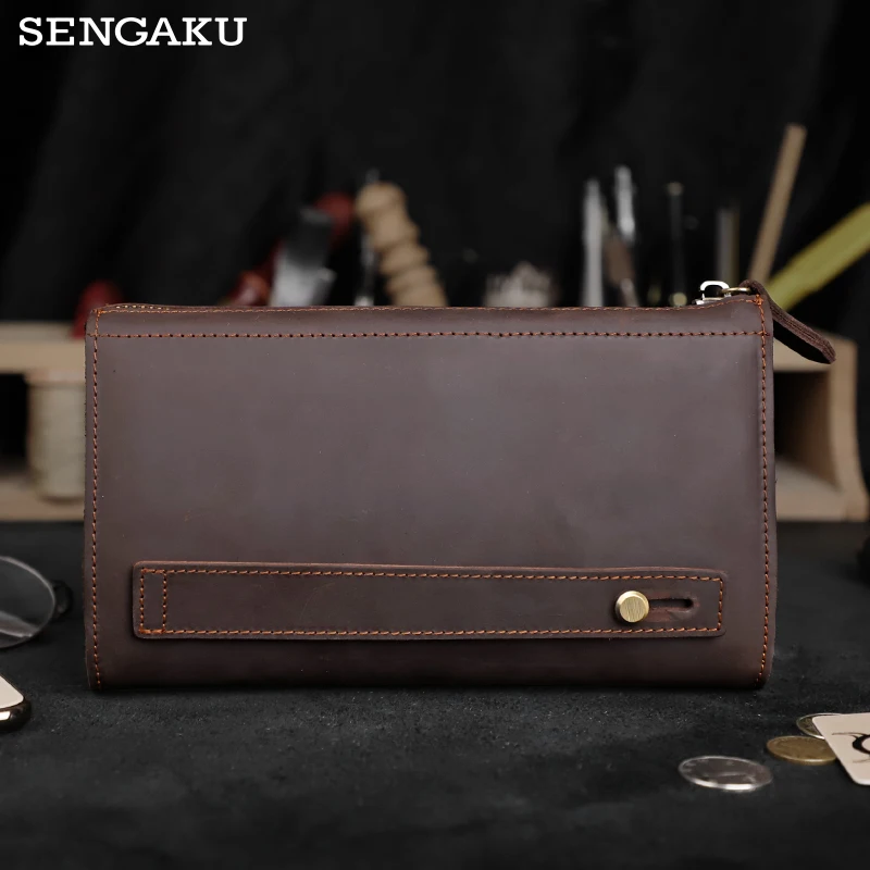 Men\'s Clutch Bag Handmade Genuine Leather Wrist Handbag Cow Leather Clutch Wallet Storage Long Wallets Money Bag Purse