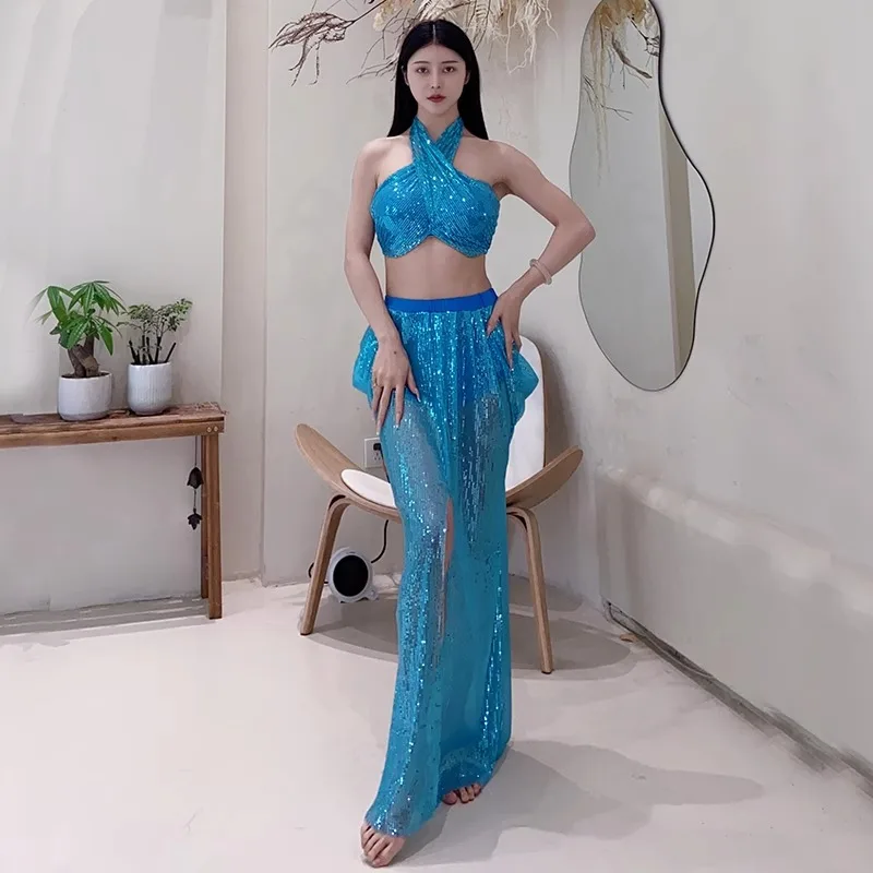 ที่กําหนดเอง Belly Dance เครื่องแต่งกายฝึกเสื้อผ้าชุดใหม่คอ Glitter สวมใส่ชุดเซ็กซี่หญิง