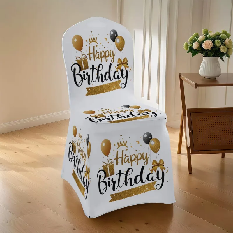 Birthday Stretch Chair Cover with prints. Soft, washable, easy to fit. Ideal for parties home,hotels. Great decoration and gift