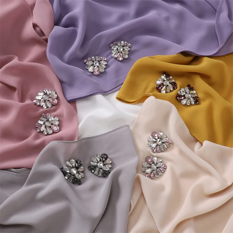 Luxury High Quality Handmade Heavy Industry Small Butterfly Rhinestone-Encrusted Cathetus Solid Color Pearl Chiffon Scarf