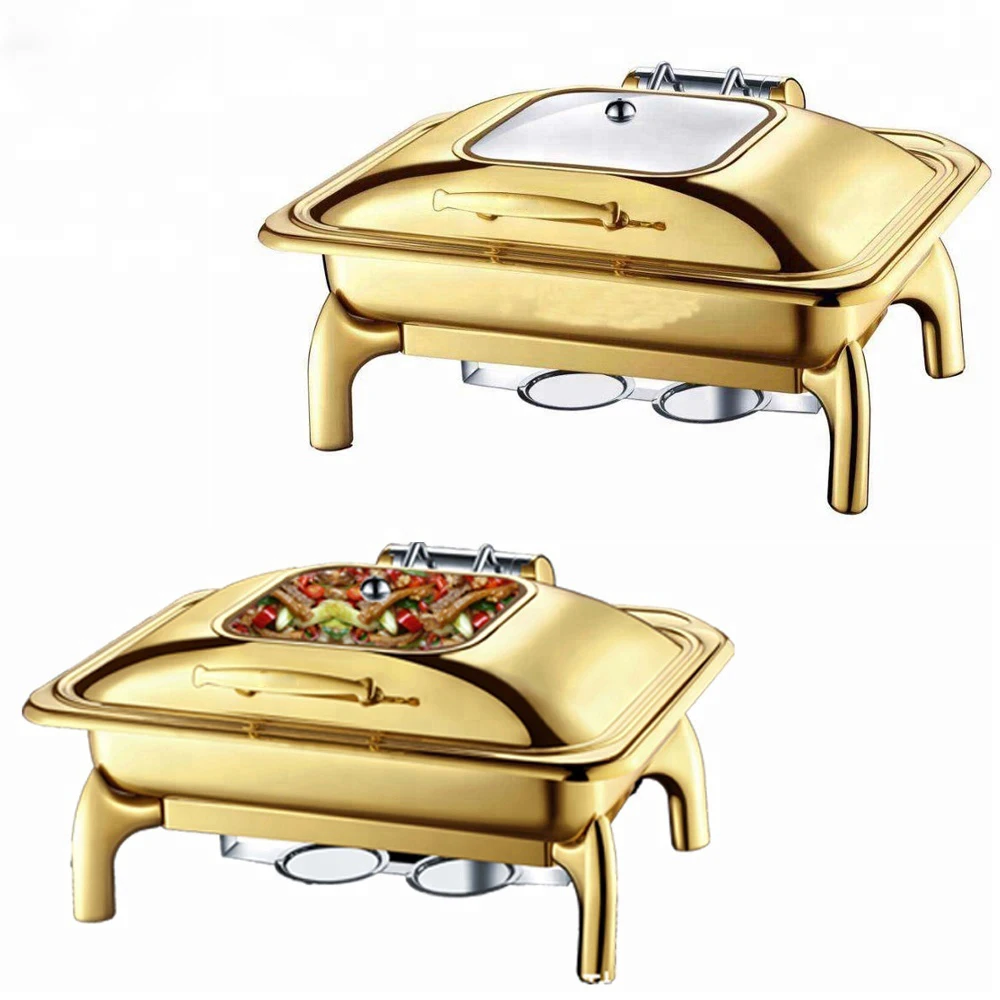 Catering Roll Top Chaffing Plated Food Warmer With Window Buffet Furnace Golden Color Brass 9l Shaffing Dish Gold Chafing Dish