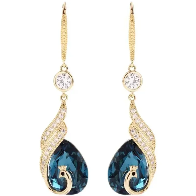 Conjuntos de jóias de luxo elegante azul pavão cristal longo borla brincos para mulher personalidade vintage balançar brincos colar