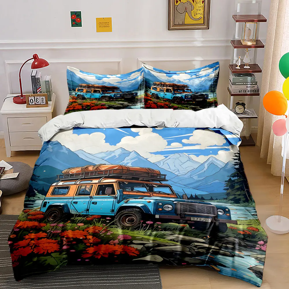 Off-road vehicle in mountain stream scenery Pattern Duvet Cover Set Digital Print Colorful Polyester Bedding with Zipper Closur