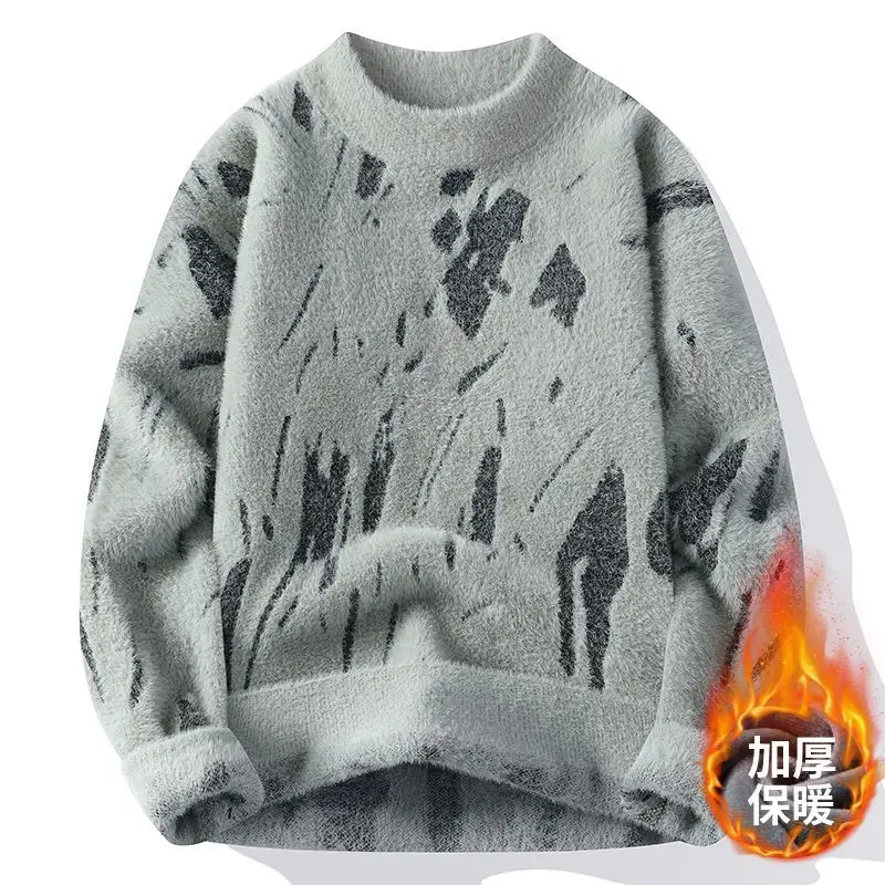 Winter Men's Thickened Fleece Sweater Irregular Jacquard Pattern Casual Round Neck Pullover Tops Striped Soft Knitted Sweaters - Image 3