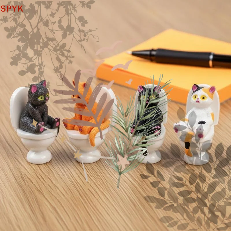Resin Funny Toilet Cat Figurines Lovely Look: 1/4/5 Pcs Multiple Styles Home Desktop Bathroom