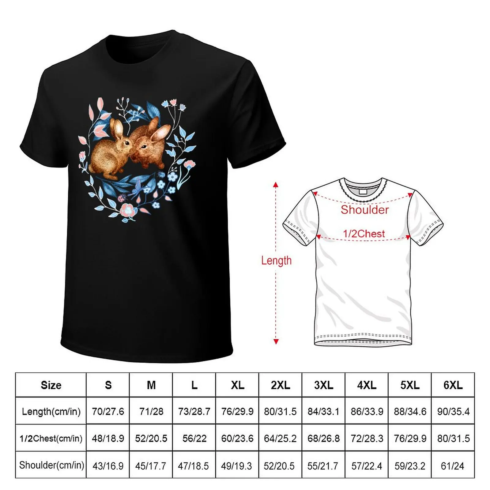 Affectionate Rabbit Pair with Springtime Flora T-Shirt Functional Casual Short Sleeve Tee