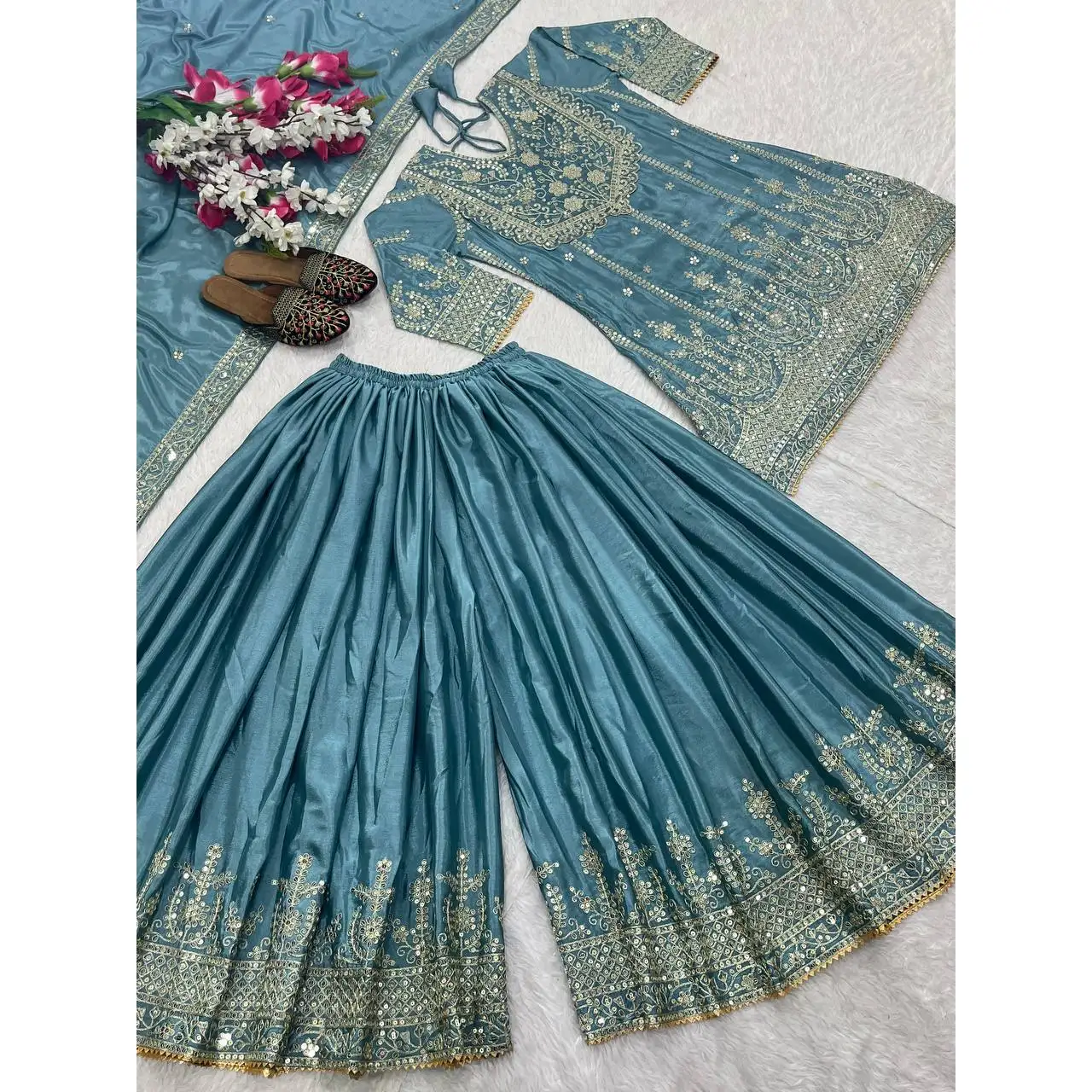Designer Traditional Chinese Clothing Elegant Embroidered Plazzo Top And Dupatta For Party Wear